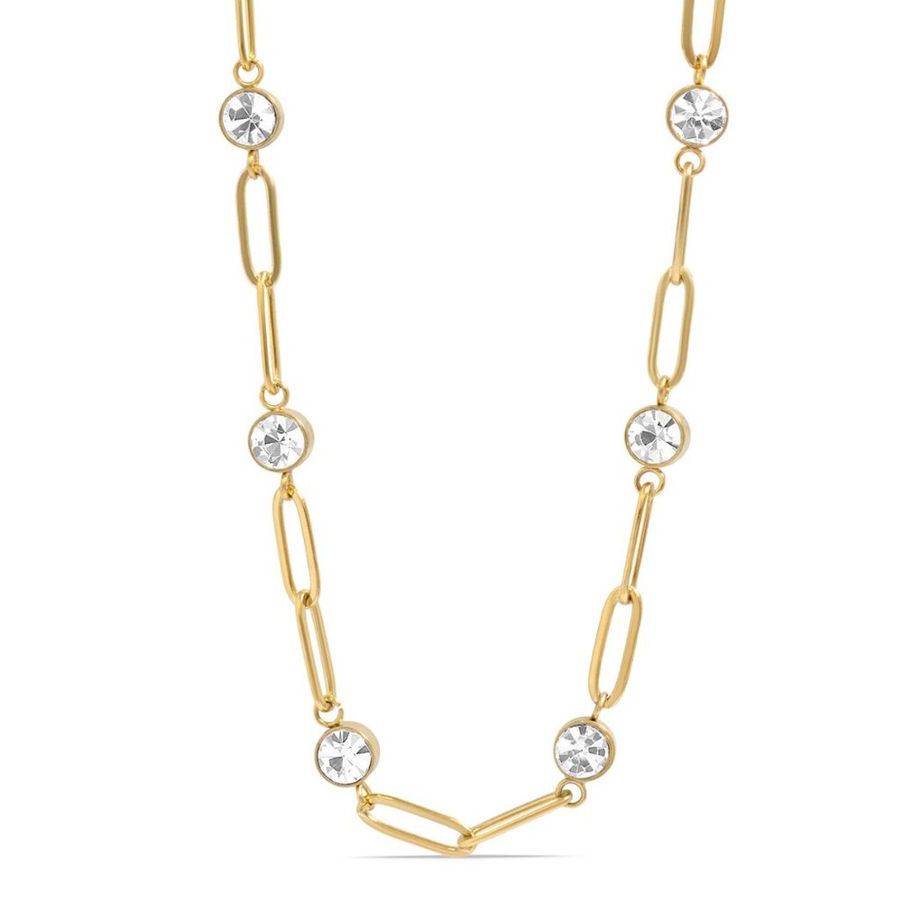 #082 18K Gold PVD Stainless Steel Paperclip Chain and Crystal Stone Necklace
